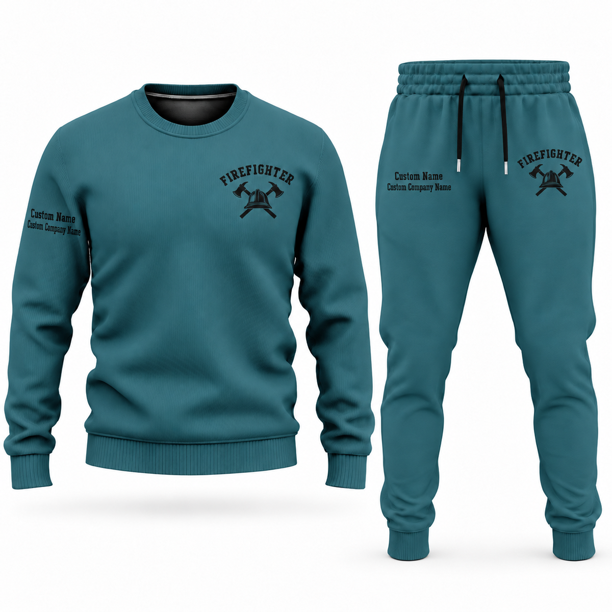 Firefighter Minimal Badge sweater and jogger combo, teal view with name and company artwork