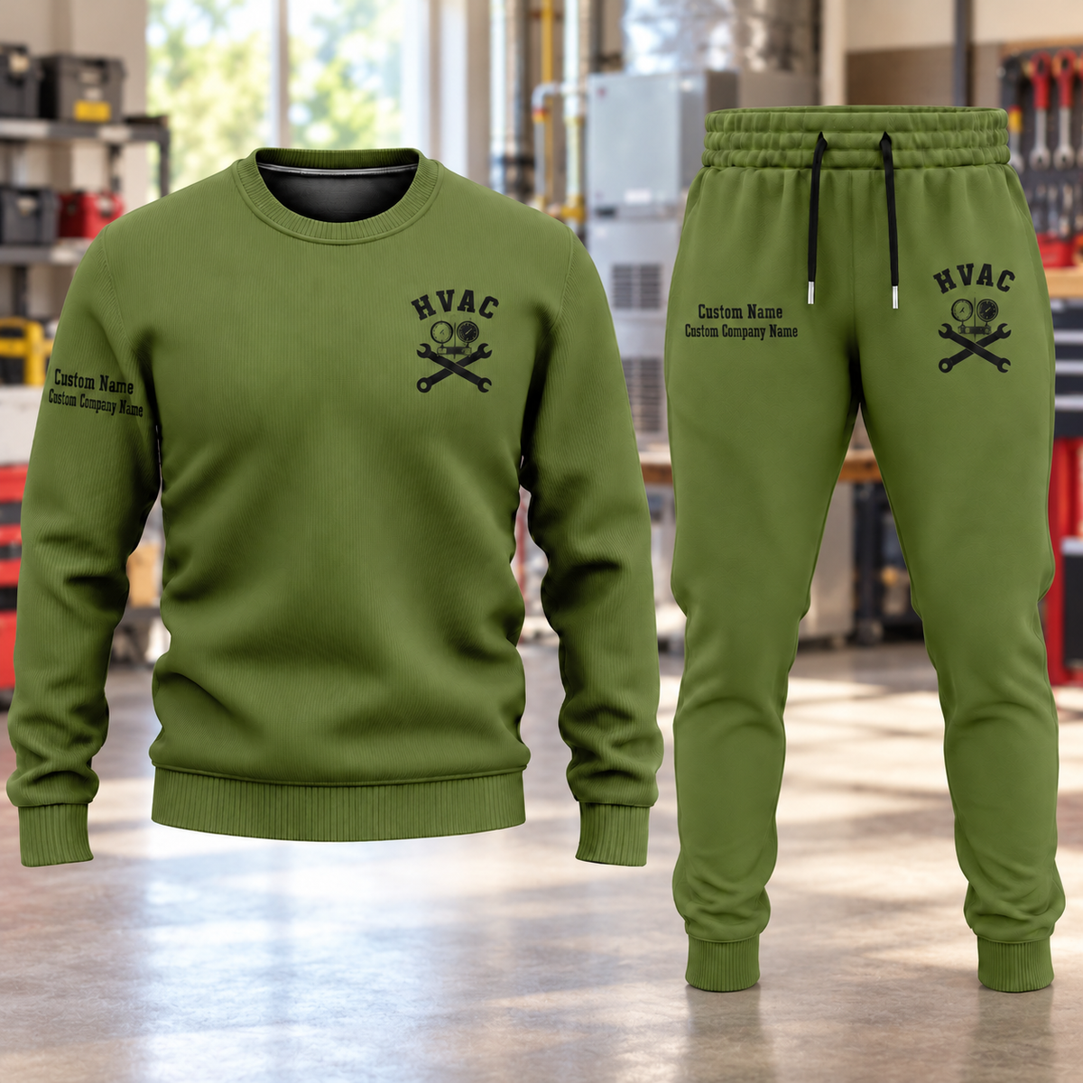 HVAC Minimal Badge sweater and jogger combo, hero view with name and company artwork
