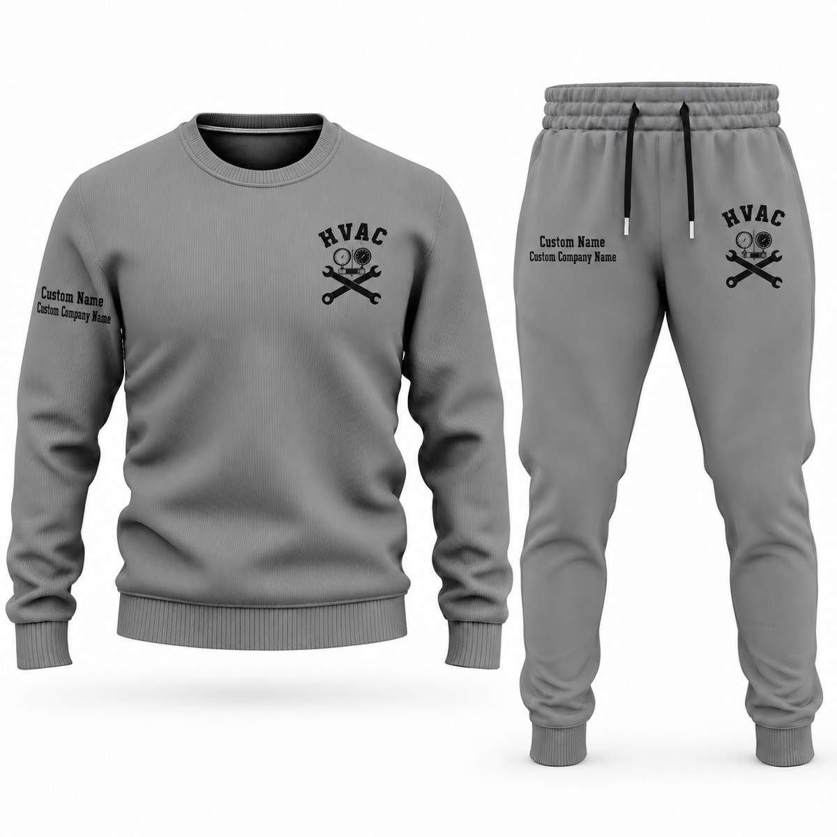 HVAC Minimal Badge sweater and jogger combo, gray view with name and company artwork