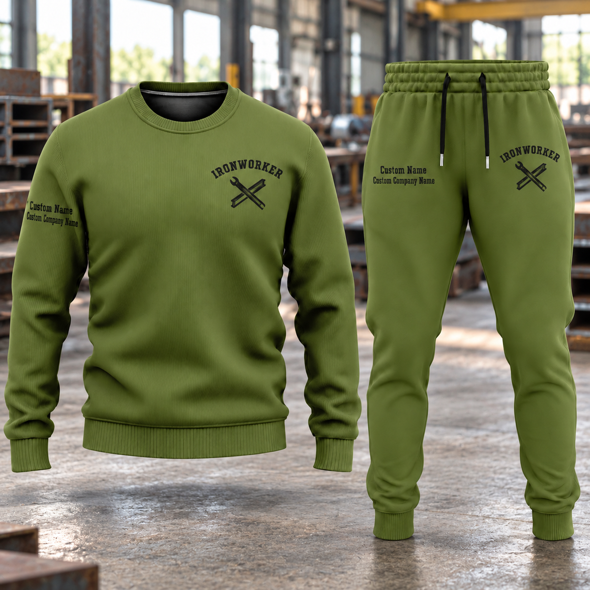 Ironworker Minimal Badge sweater and jogger combo, hero view with name and company artwork