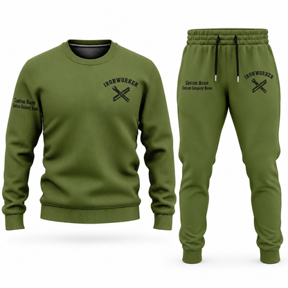 Ironworker Minimal Badge sweater and jogger combo, olive view with name and company artwork