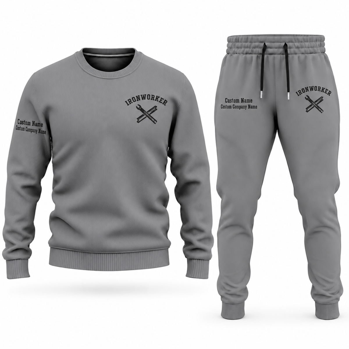 Ironworker Minimal Badge sweater and jogger combo, gray view with name and company artwork