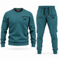 Ironworker Minimal Badge sweater and jogger combo, teal view with name and company artwork