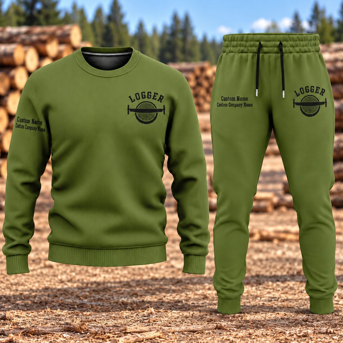Logger Minimal Badge sweater and jogger combo, hero view with name and company artwork