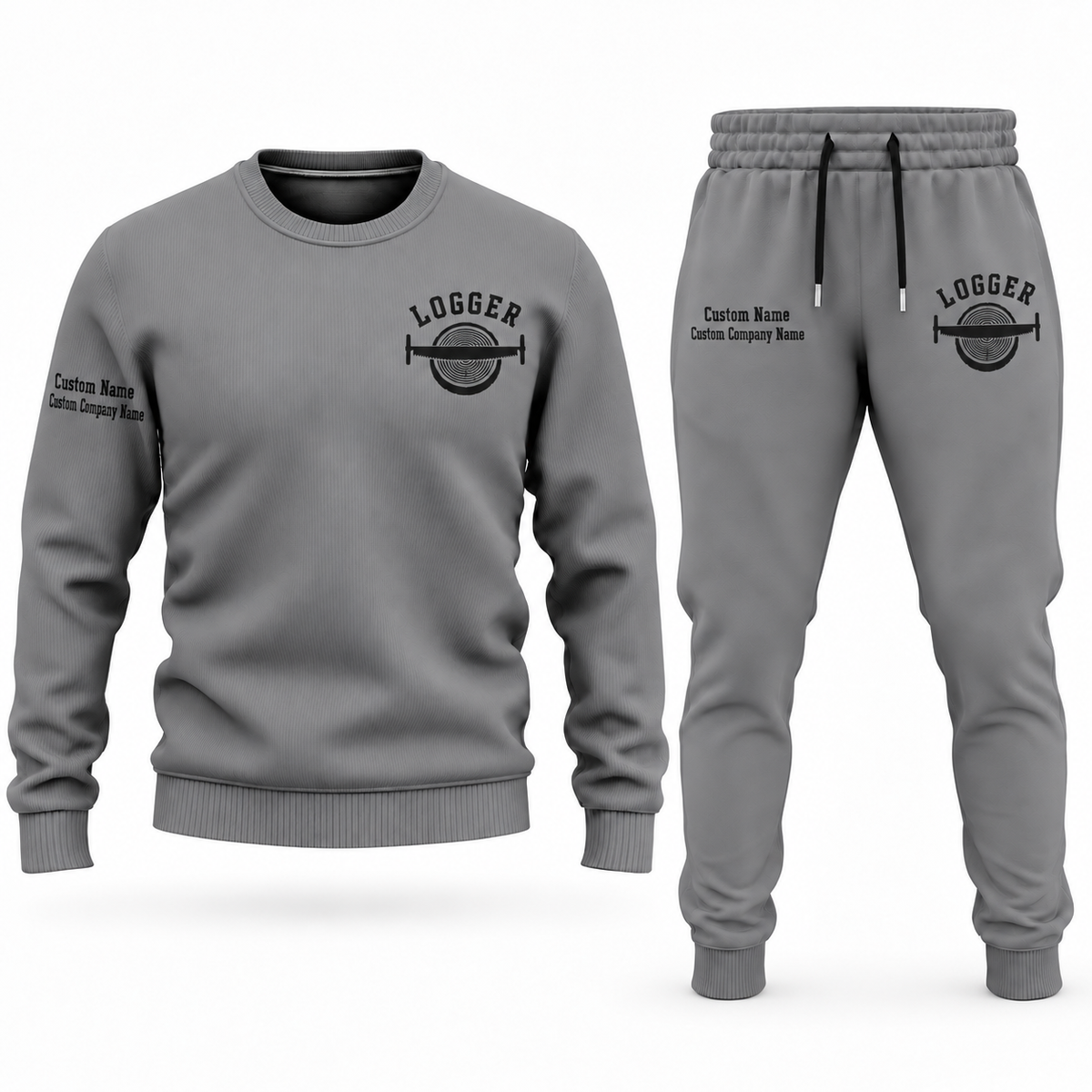 Logger Minimal Badge sweater and jogger combo, gray view with name and company artwork