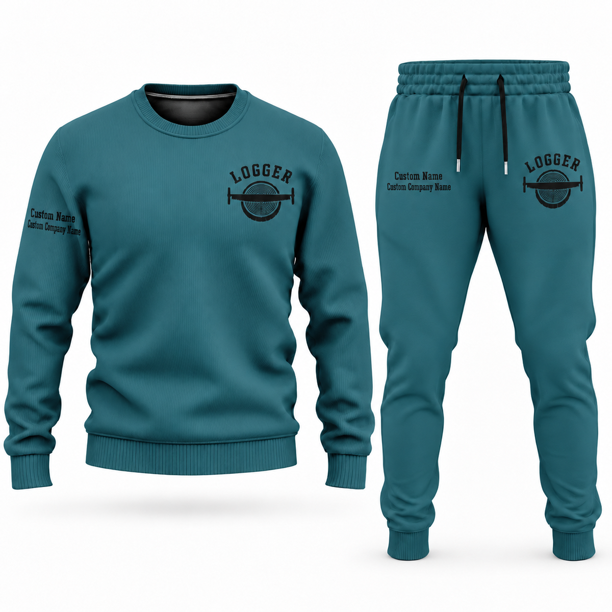 Logger Minimal Badge sweater and jogger combo, teal view with name and company artwork