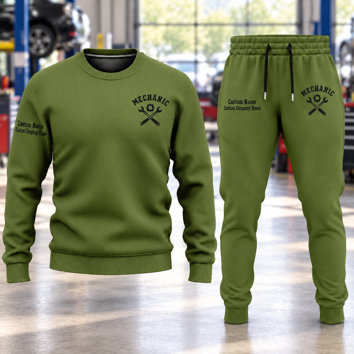 Mechanic Minimal Badge sweater and jogger combo, hero view with name and company artwork