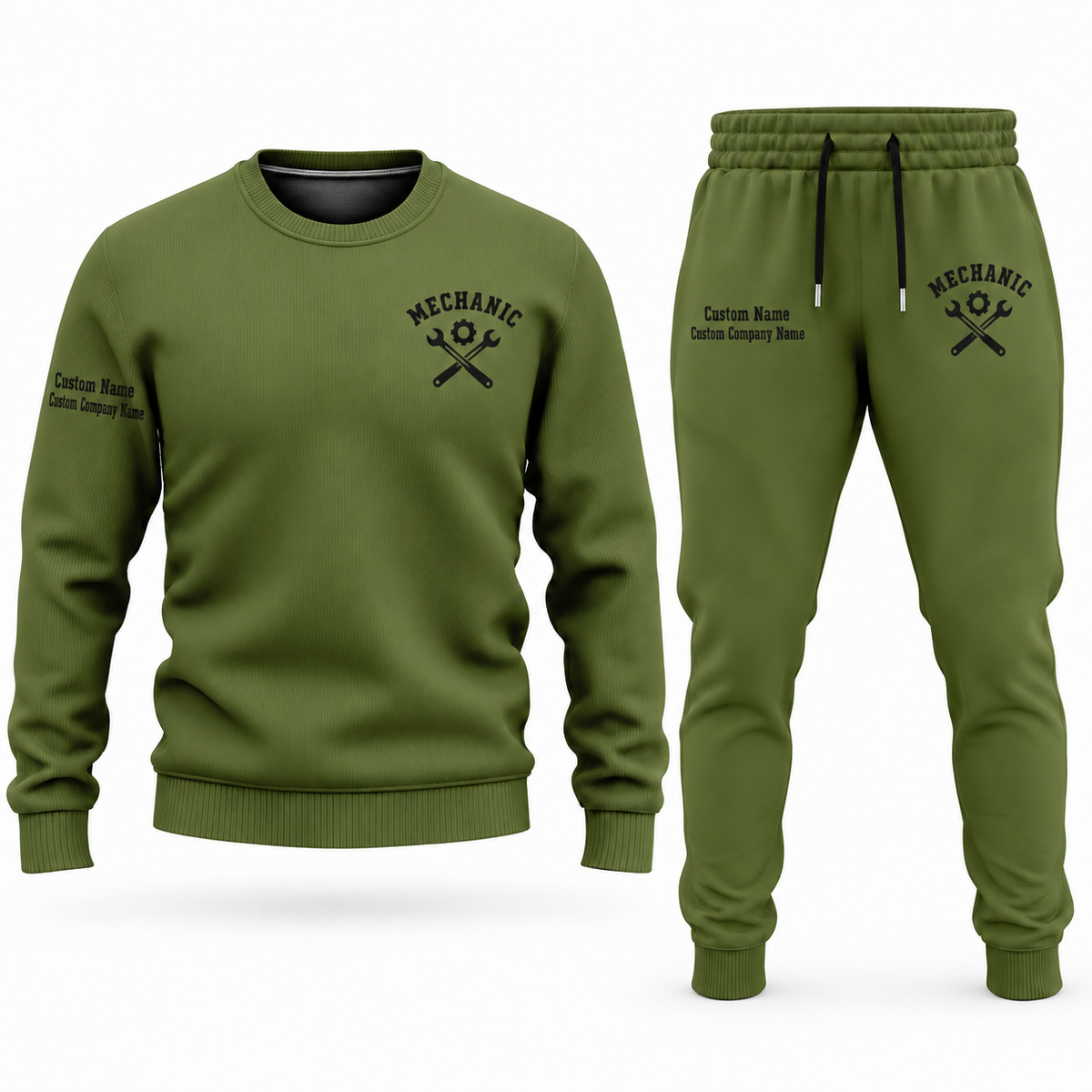 Mechanic Minimal Badge sweater and jogger combo, olive view with name and company artwork