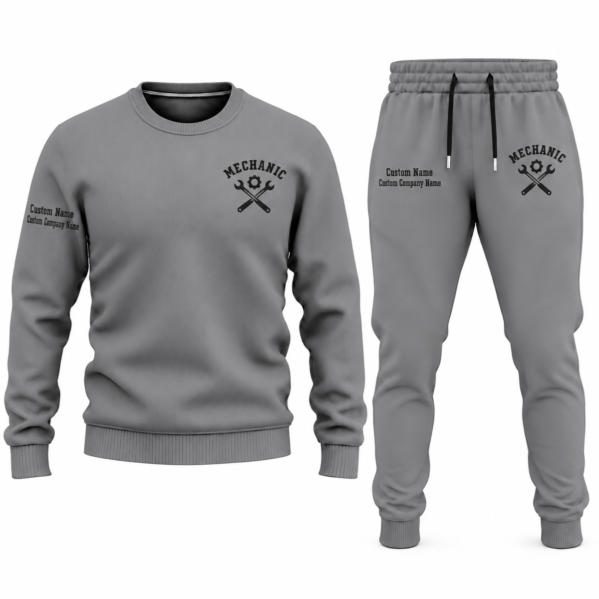 Mechanic Minimal Badge sweater and jogger combo, gray view with name and company artwork