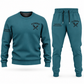 Plumber Minimal Badge sweater and jogger combo, teal view with name and company artwork