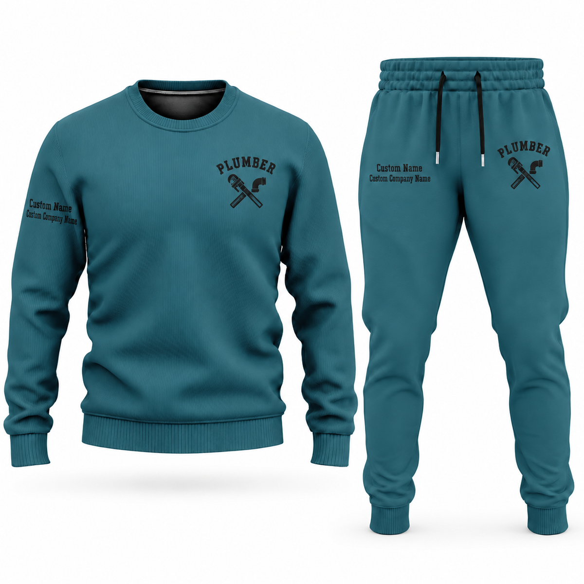 Plumber Minimal Badge sweater and jogger combo, teal view with name and company artwork