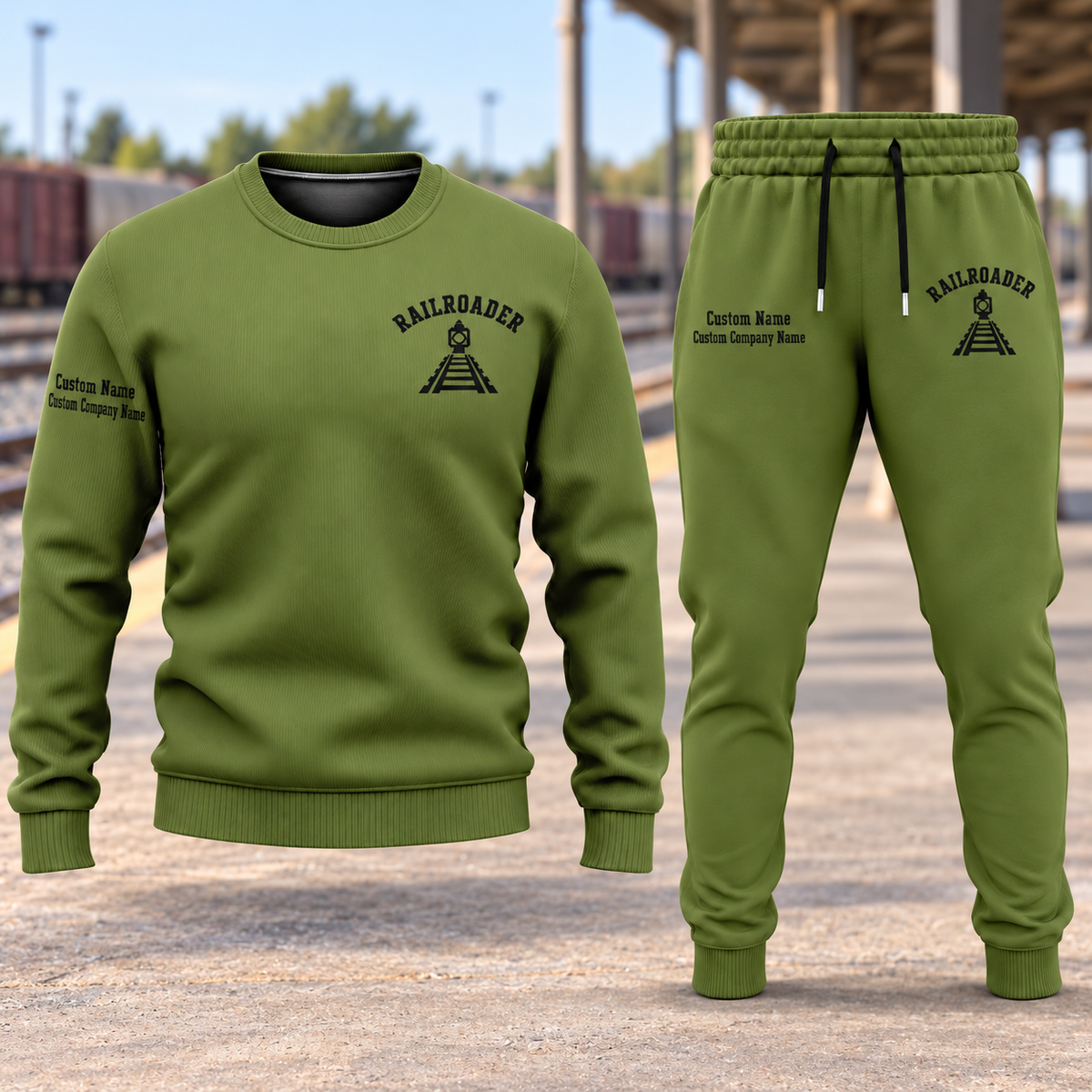 Railroader Minimal Badge sweater and jogger combo, hero view with name and company artwork