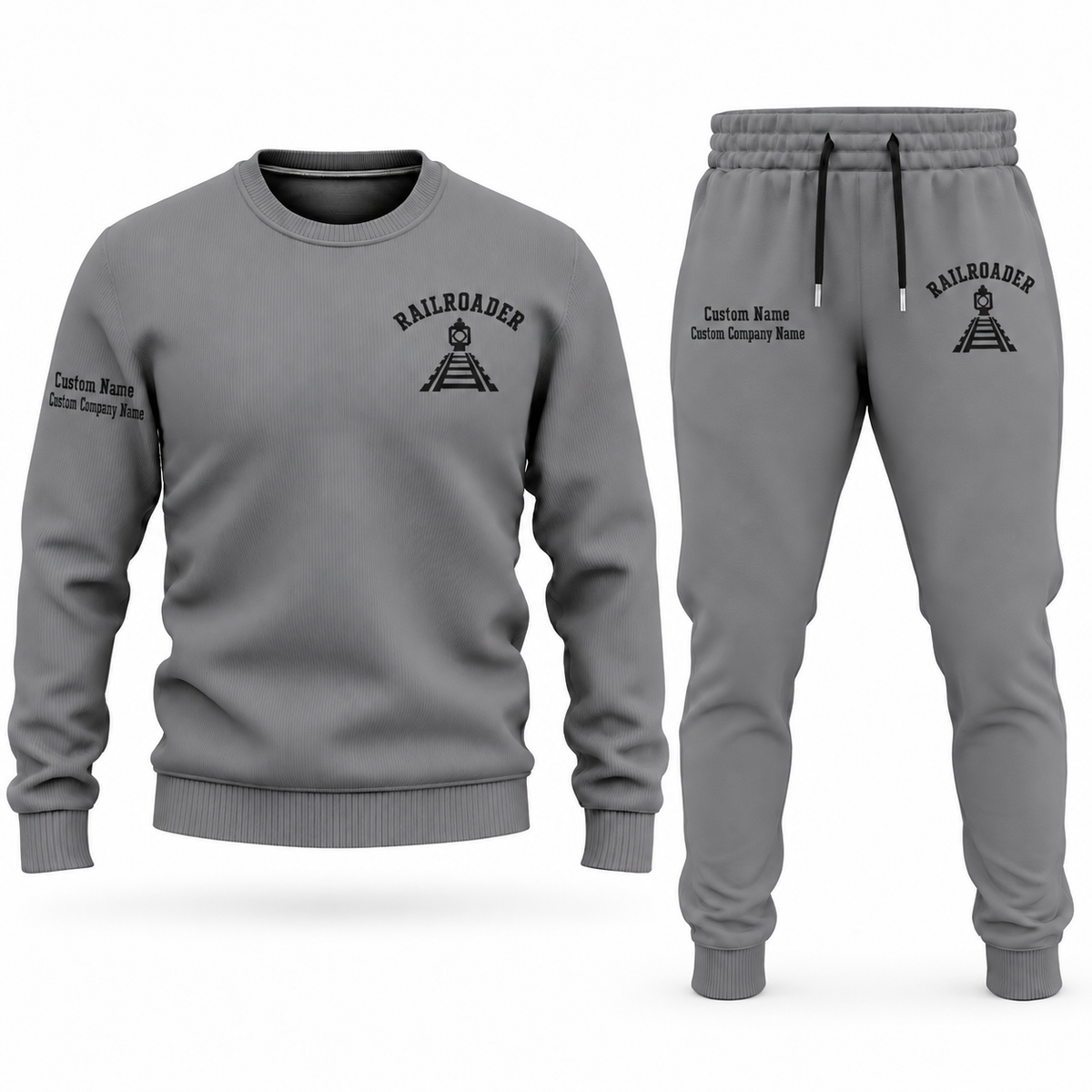 Railroader Minimal Badge sweater and jogger combo, gray view with name and company artwork