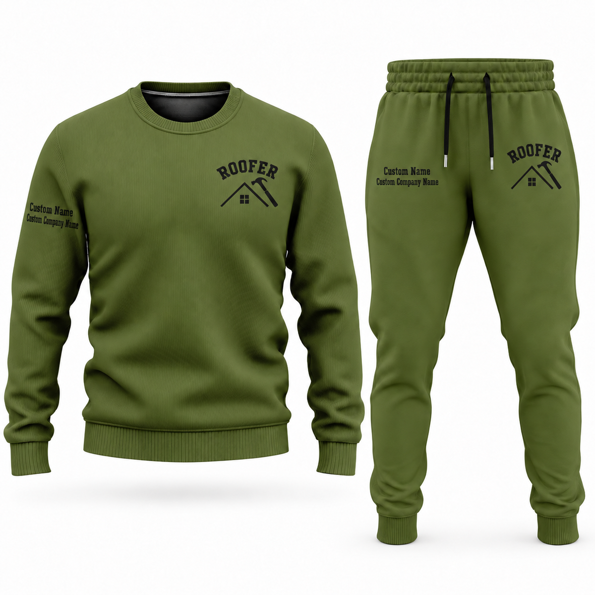 Roofer Minimal Badge sweater and jogger combo, olive view with name and company artwork