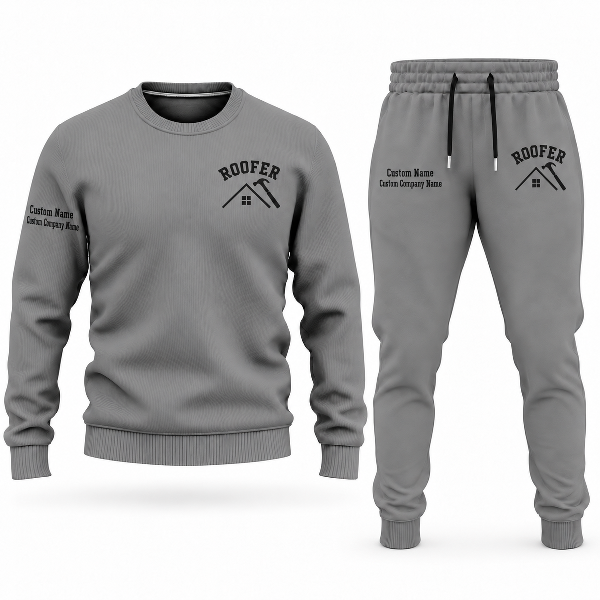 Roofer Minimal Badge sweater and jogger combo, gray view with name and company artwork