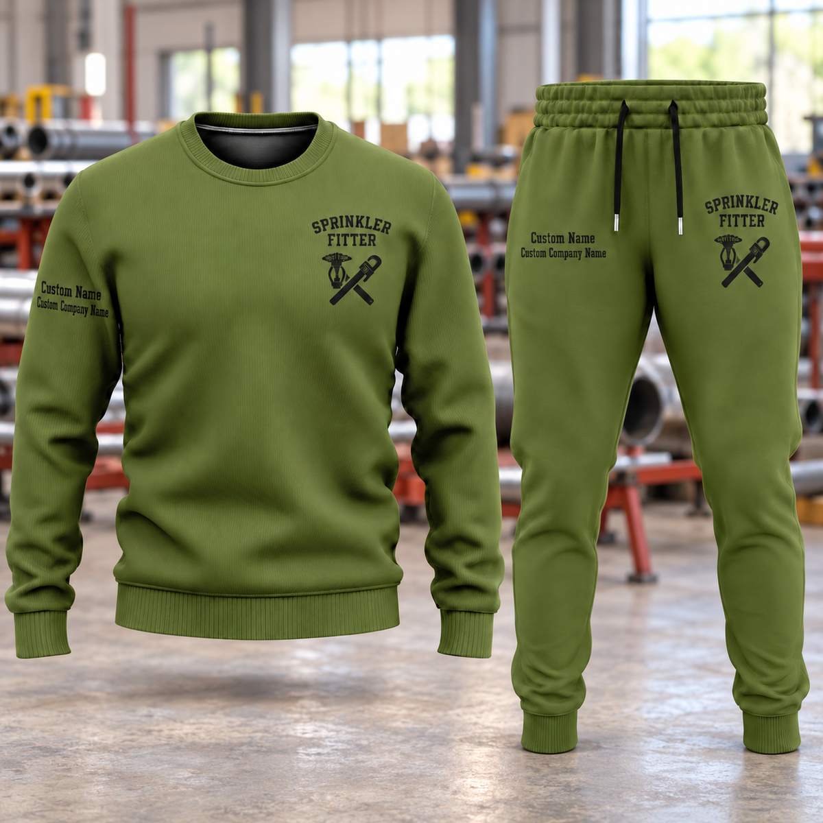 Sprinkler Fitter Minimal Badge sweater and jogger combo, hero view with name and company artwork