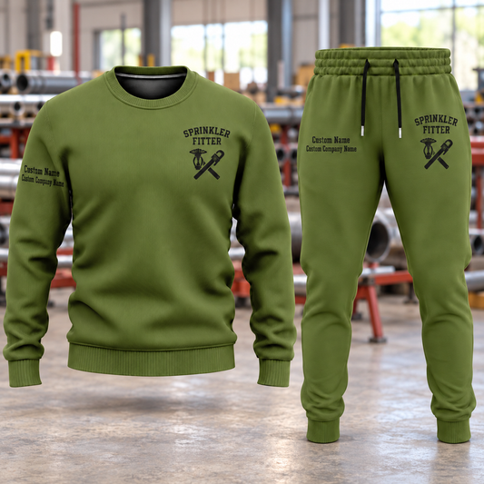 Sprinkler Fitter Minimal Badge sweater and jogger combo, hero view with name and company artwork