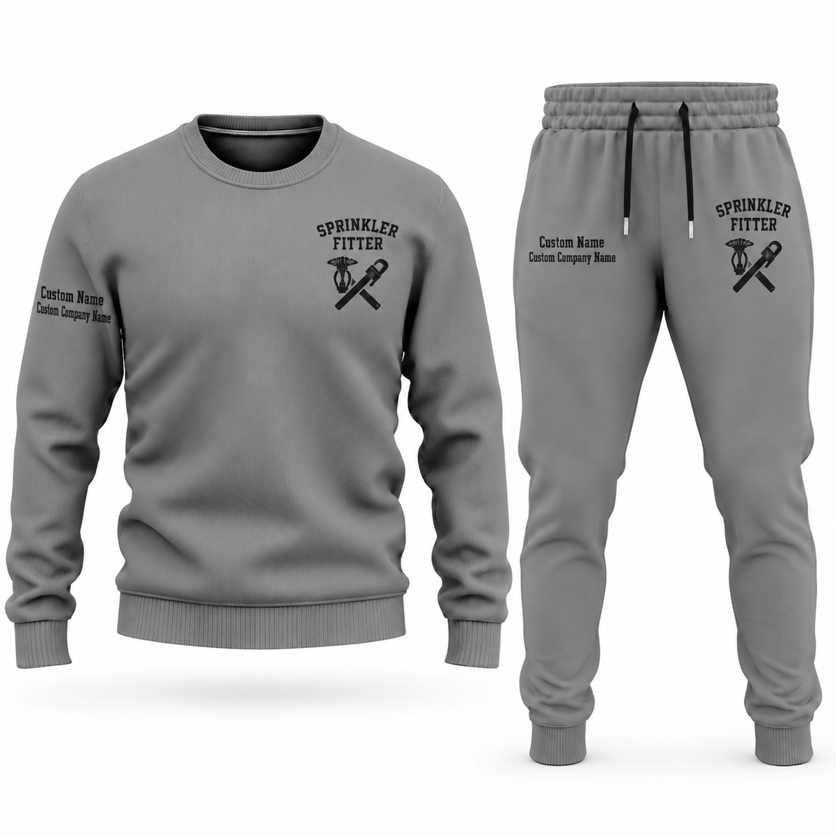 Sprinkler Fitter Minimal Badge sweater and jogger combo, gray view with name and company artwork