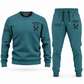 Sprinkler Fitter Minimal Badge sweater and jogger combo, teal view with name and company artwork