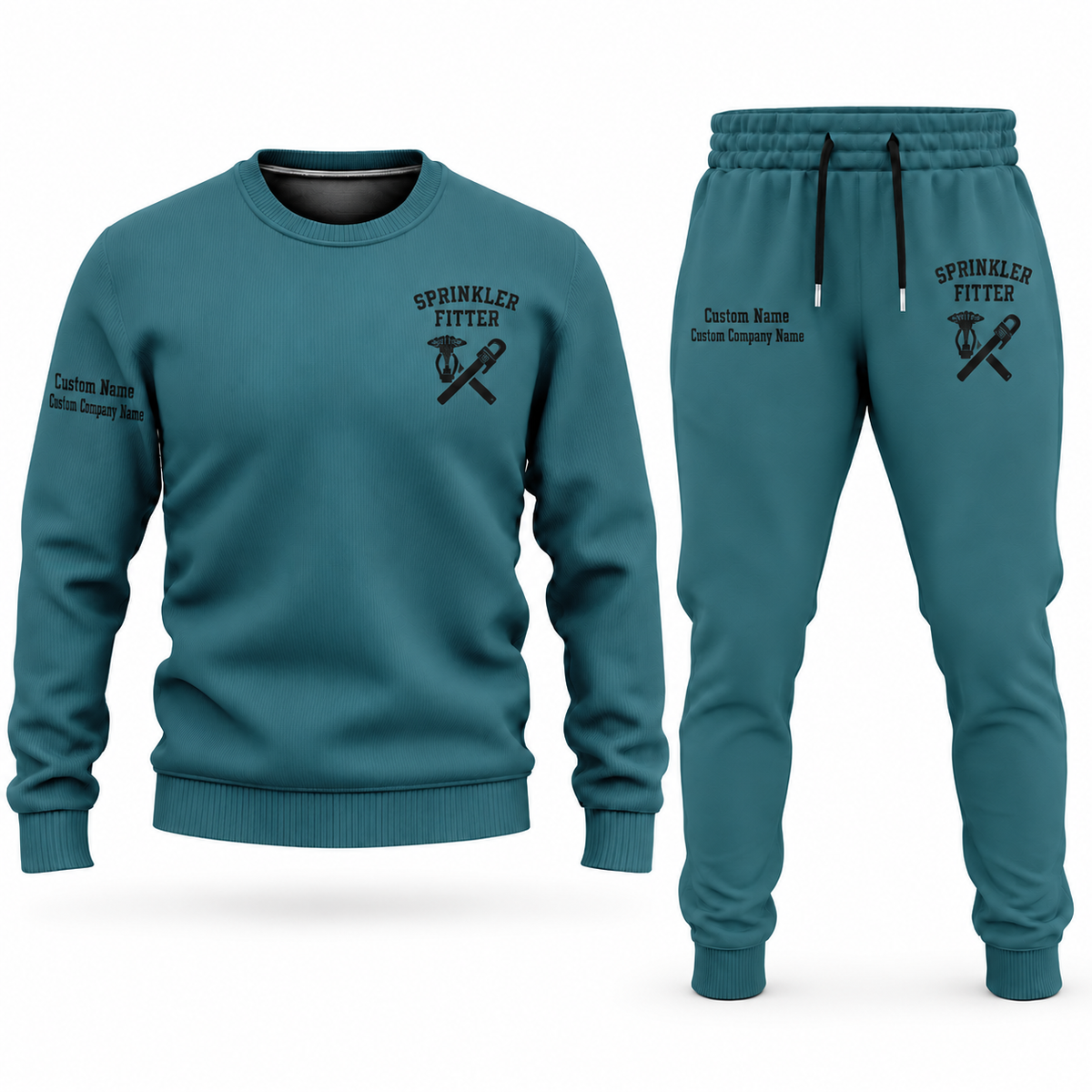 Sprinkler Fitter Minimal Badge sweater and jogger combo, teal view with name and company artwork