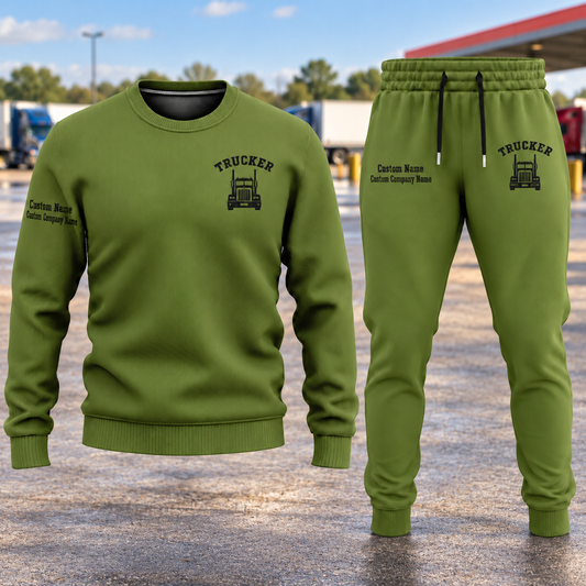 Trucker Minimal Badge sweater and jogger combo, hero view with name and company artwork