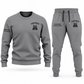 Trucker Minimal Badge sweater and jogger combo, gray view with name and company artwork