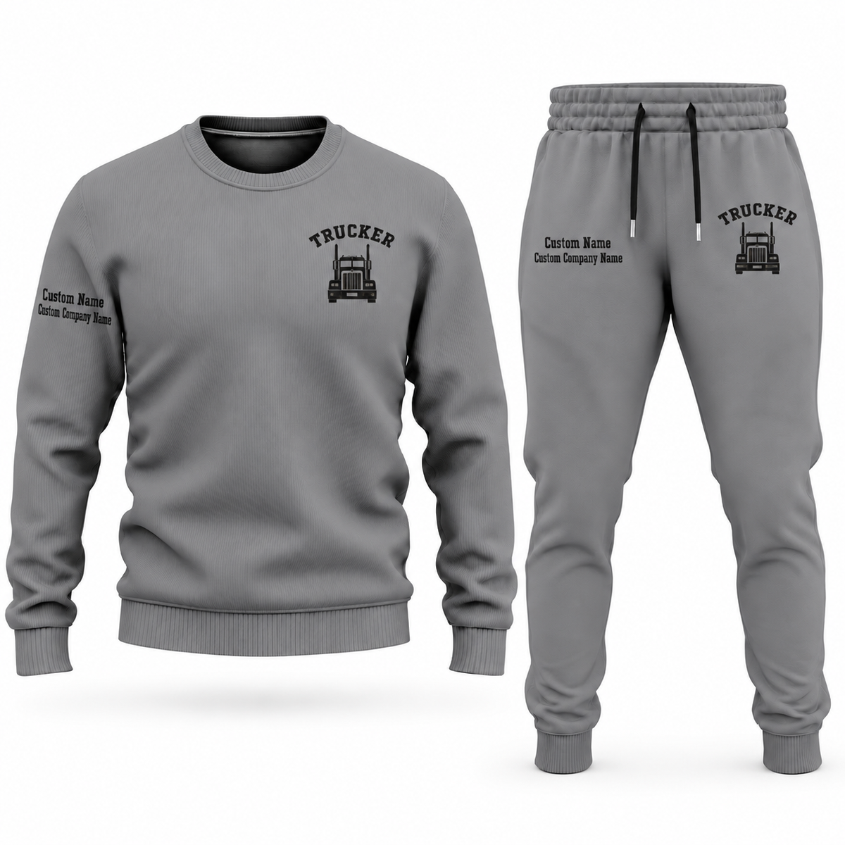Trucker Minimal Badge sweater and jogger combo, gray view with name and company artwork
