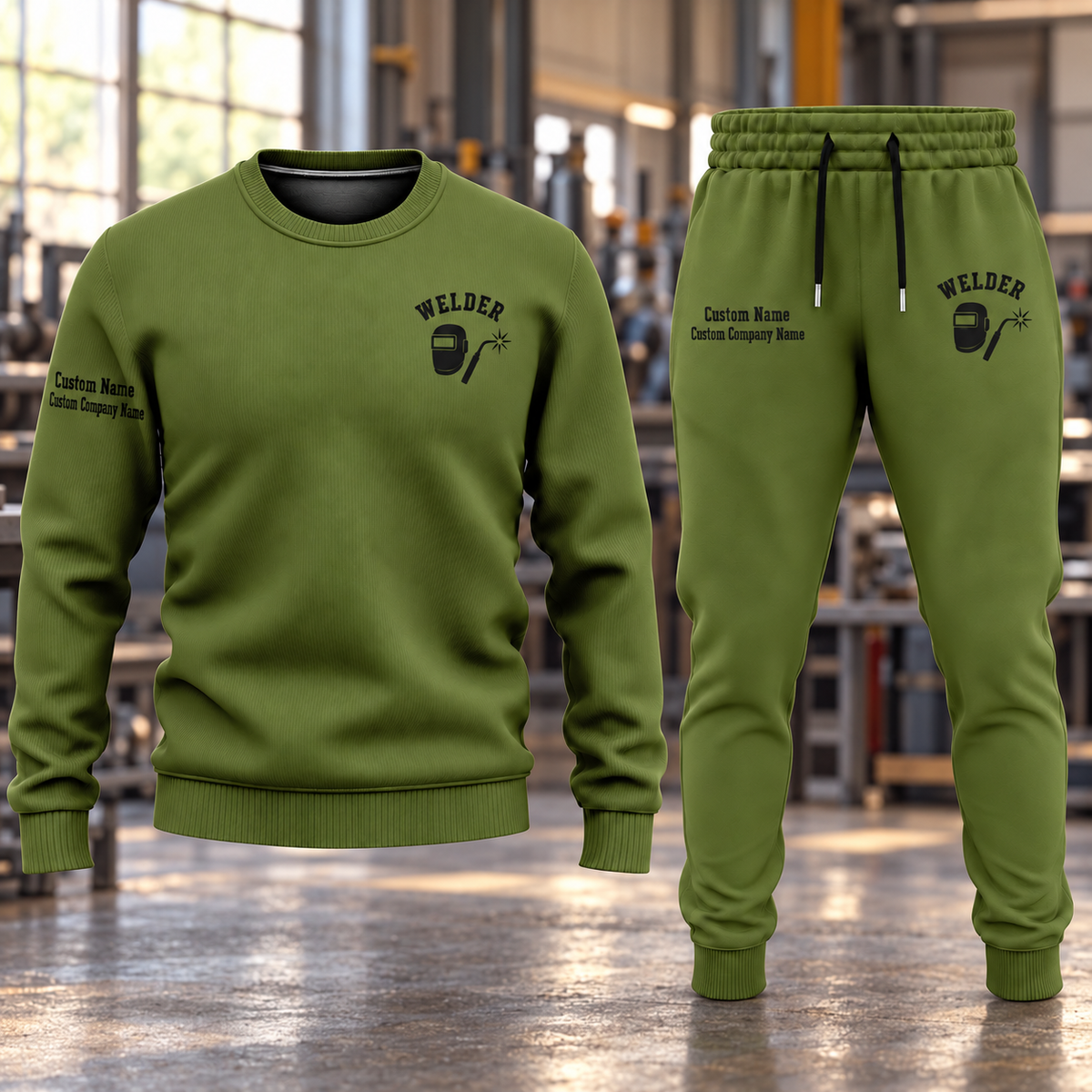 Welder Minimal Badge sweater and jogger combo, hero view with name and company artwork