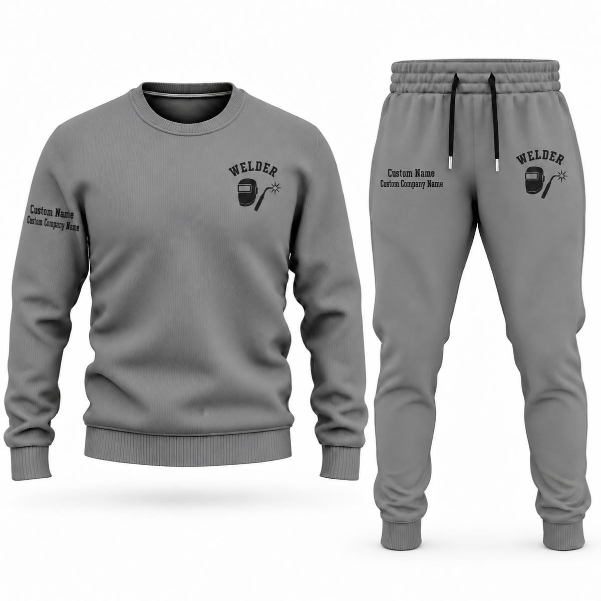 Welder Minimal Badge sweater and jogger combo, gray view with name and company artwork
