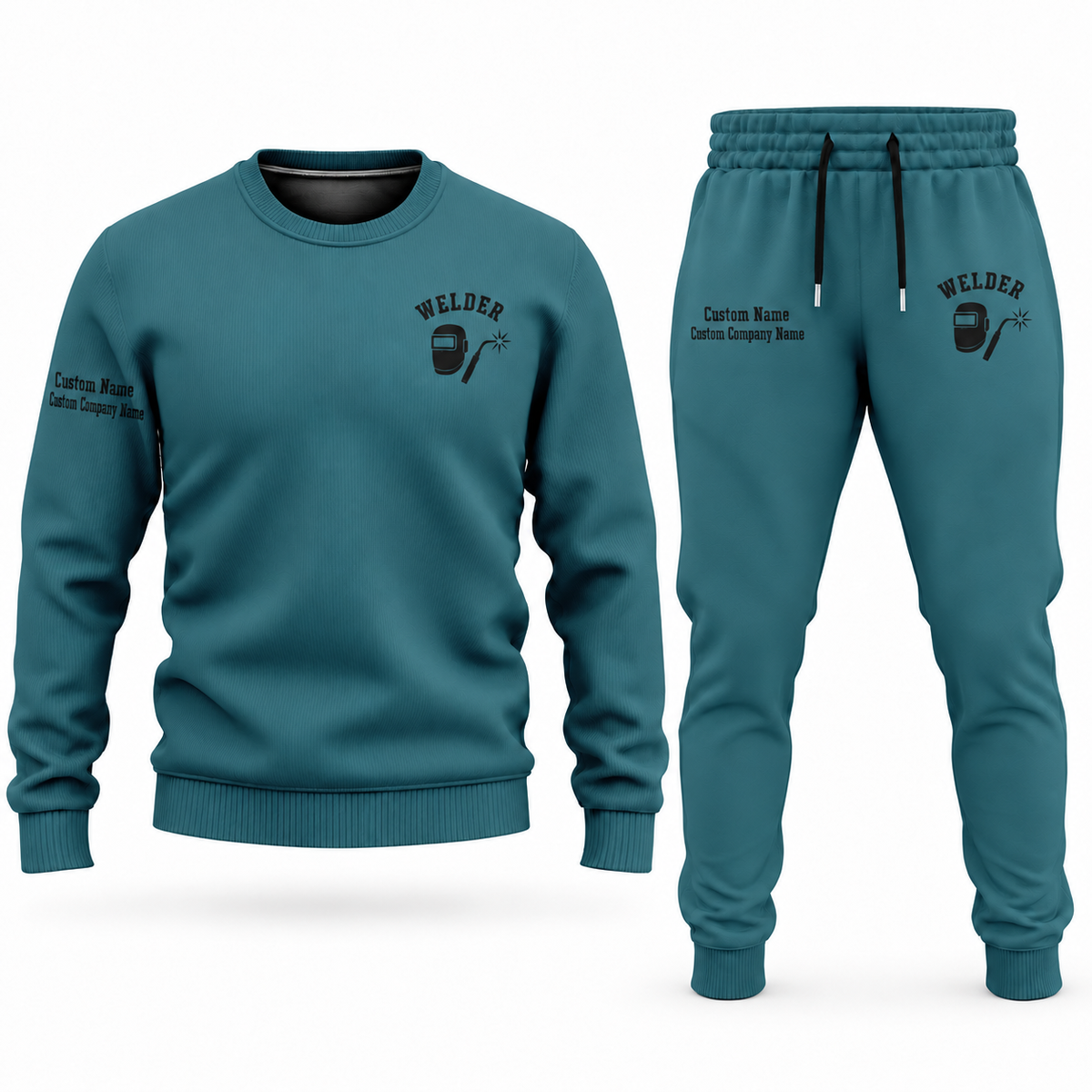 Welder Minimal Badge sweater and jogger combo, teal view with name and company artwork