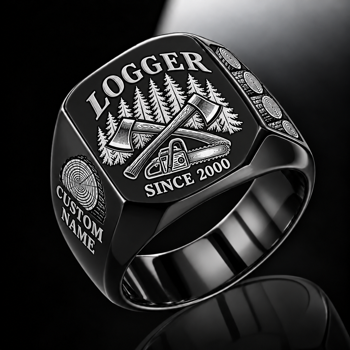 Logger Classic Emblem ring in Black, showing CUSTOM NAME and SINCE 2000