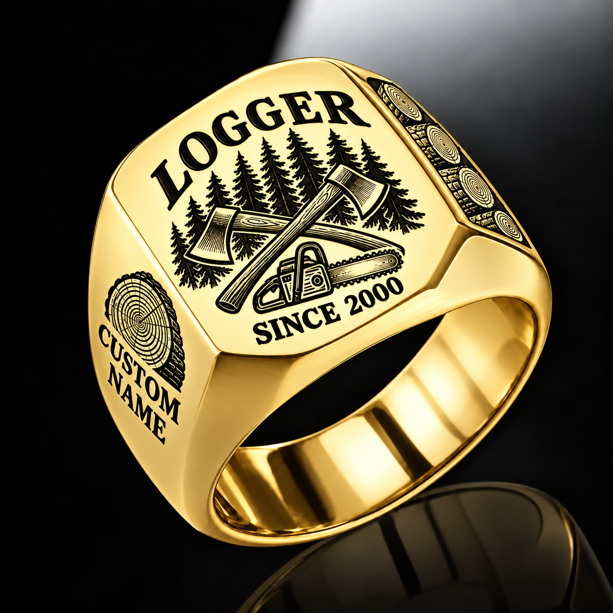 Logger Classic Emblem ring in Gold, showing CUSTOM NAME and SINCE 2000
