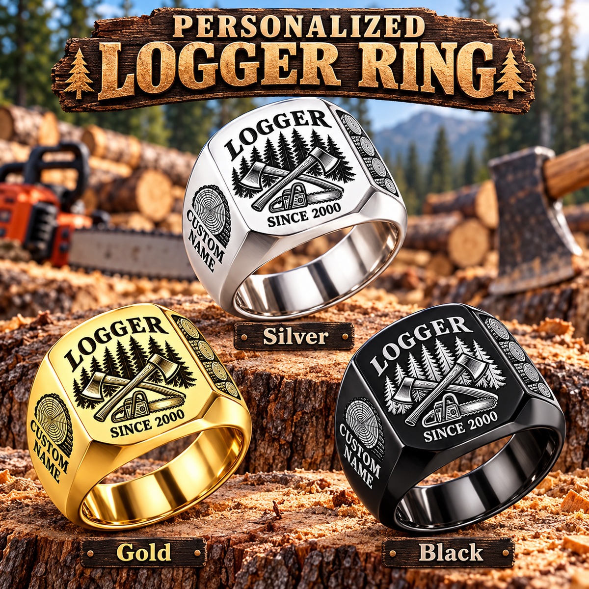 Logger Classic Emblem personalized ring in Silver, Gold and Black with CUSTOM NAME and SINCE 2000 on a logger-themed background