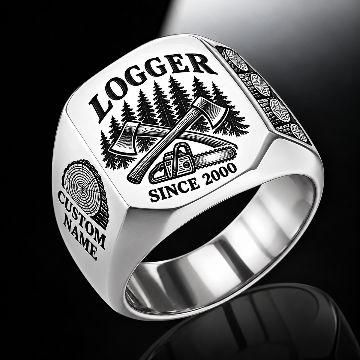 Logger Classic Emblem ring in Silver, showing CUSTOM NAME and SINCE 2000
