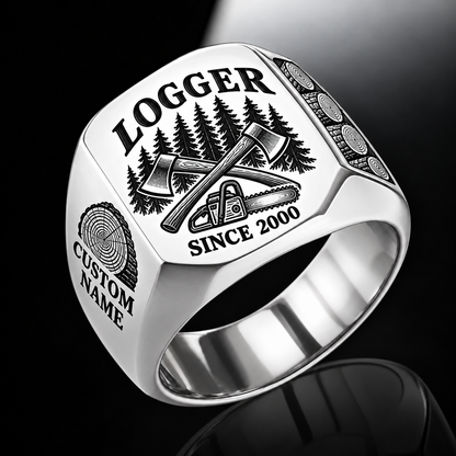 Logger Classic Emblem ring in Silver, showing CUSTOM NAME and SINCE 2000