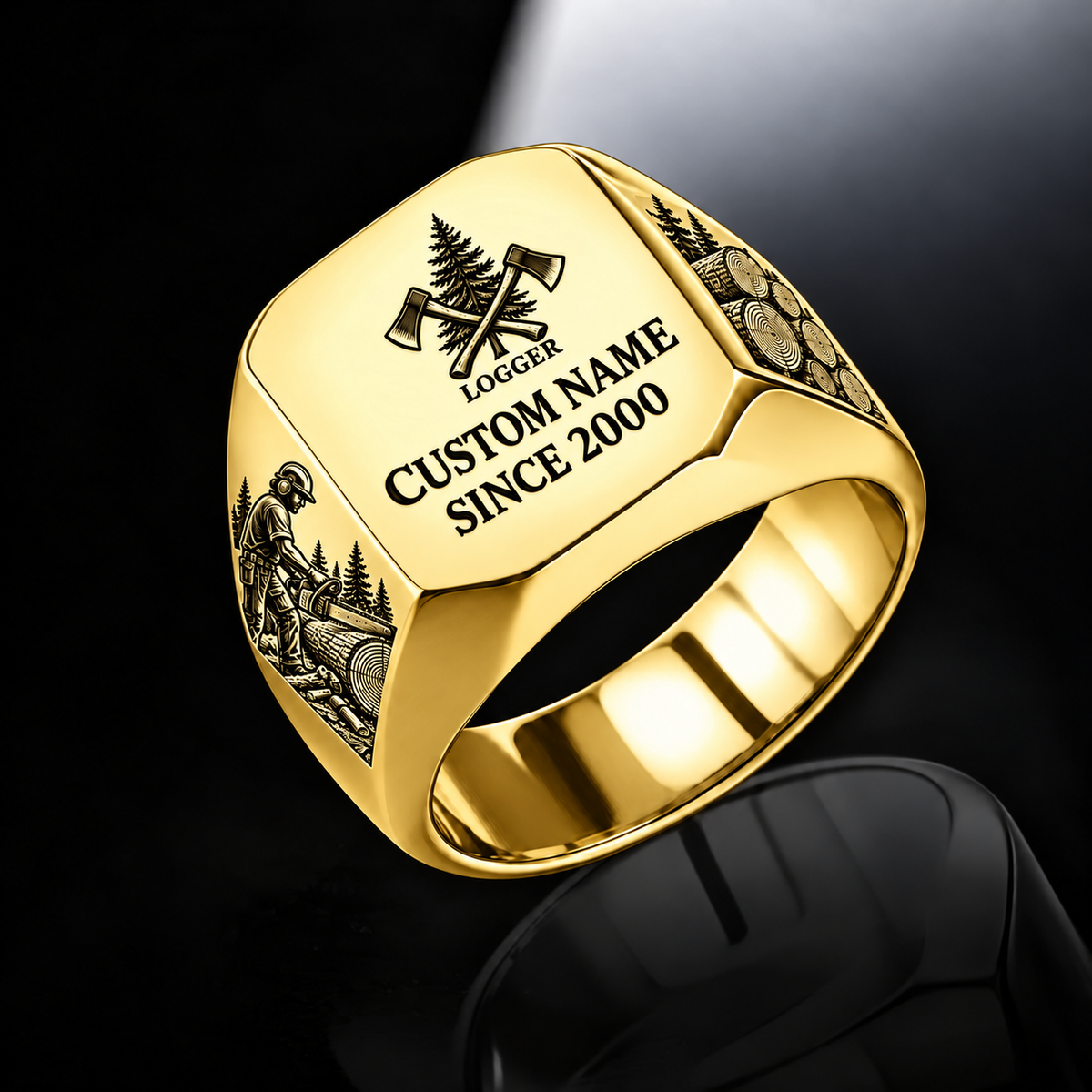 Logger Signature Crest ring in Gold, showing CUSTOM NAME and SINCE 2000