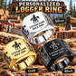 Logger Signature Crest personalized ring in Silver, Gold and Black with CUSTOM NAME and SINCE 2000 on a logger-themed background