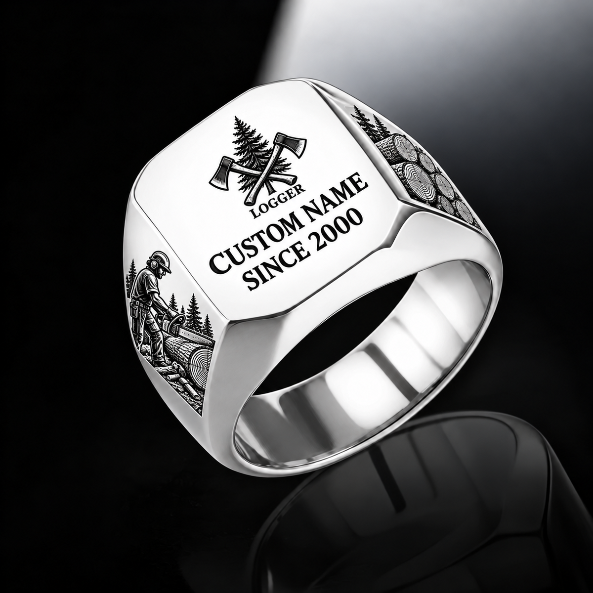 Logger Signature Crest ring in Silver, showing CUSTOM NAME and SINCE 2000