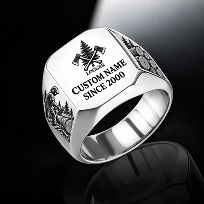 Logger Signature Crest ring in Silver, showing CUSTOM NAME and SINCE 2000