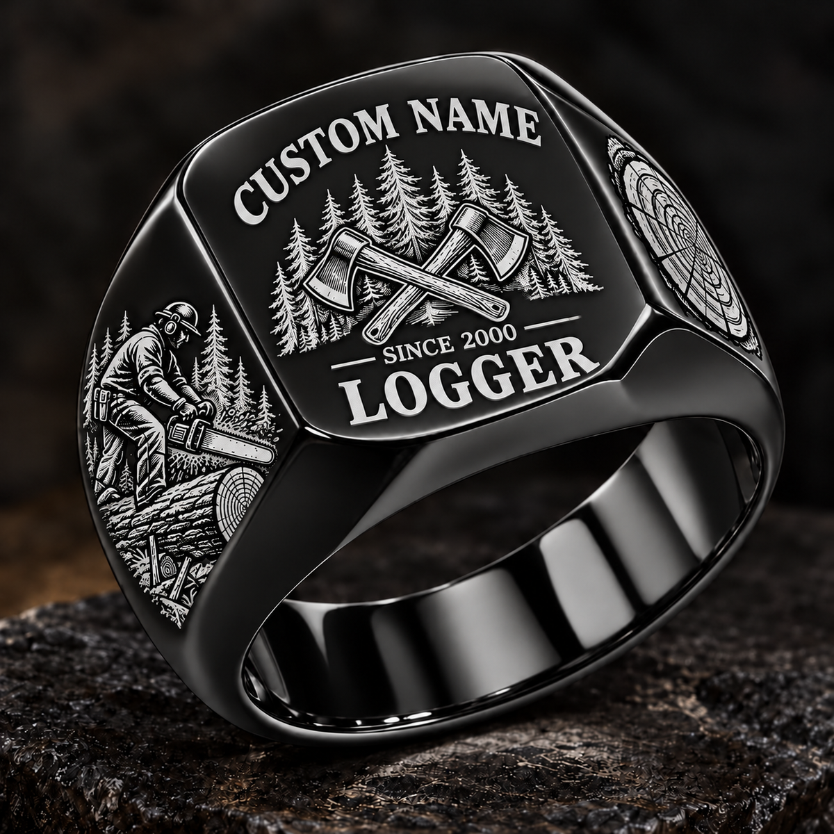 Logger Heritage Emblem ring in Black, showing CUSTOM NAME and SINCE 2000