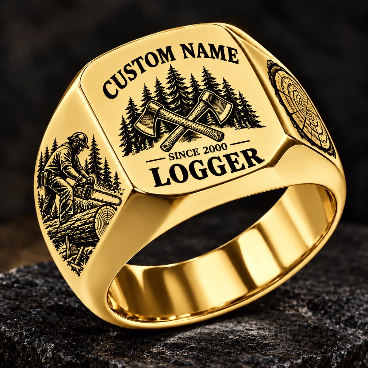Logger Heritage Emblem ring in Gold, showing CUSTOM NAME and SINCE 2000