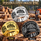 Logger Heritage Emblem personalized ring in Silver, Gold and Black with CUSTOM NAME and SINCE 2000 on a logger-themed background
