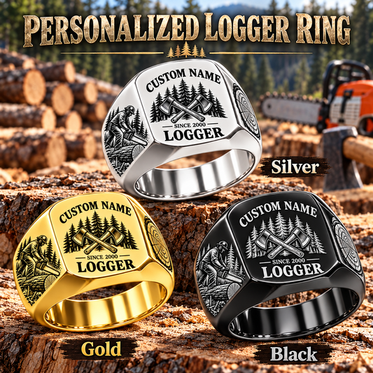 Logger Heritage Emblem personalized ring in Silver, Gold and Black with CUSTOM NAME and SINCE 2000 on a logger-themed background