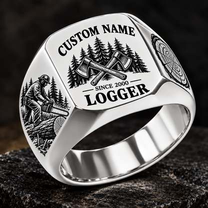 Logger Heritage Emblem ring in Silver, showing CUSTOM NAME and SINCE 2000