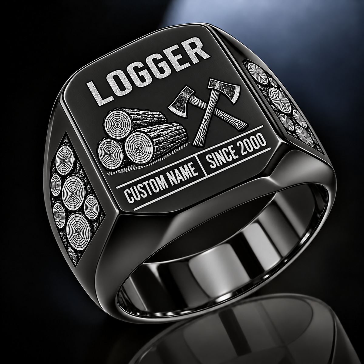 Logger Twin Icons ring in Black, showing CUSTOM NAME and SINCE 2000