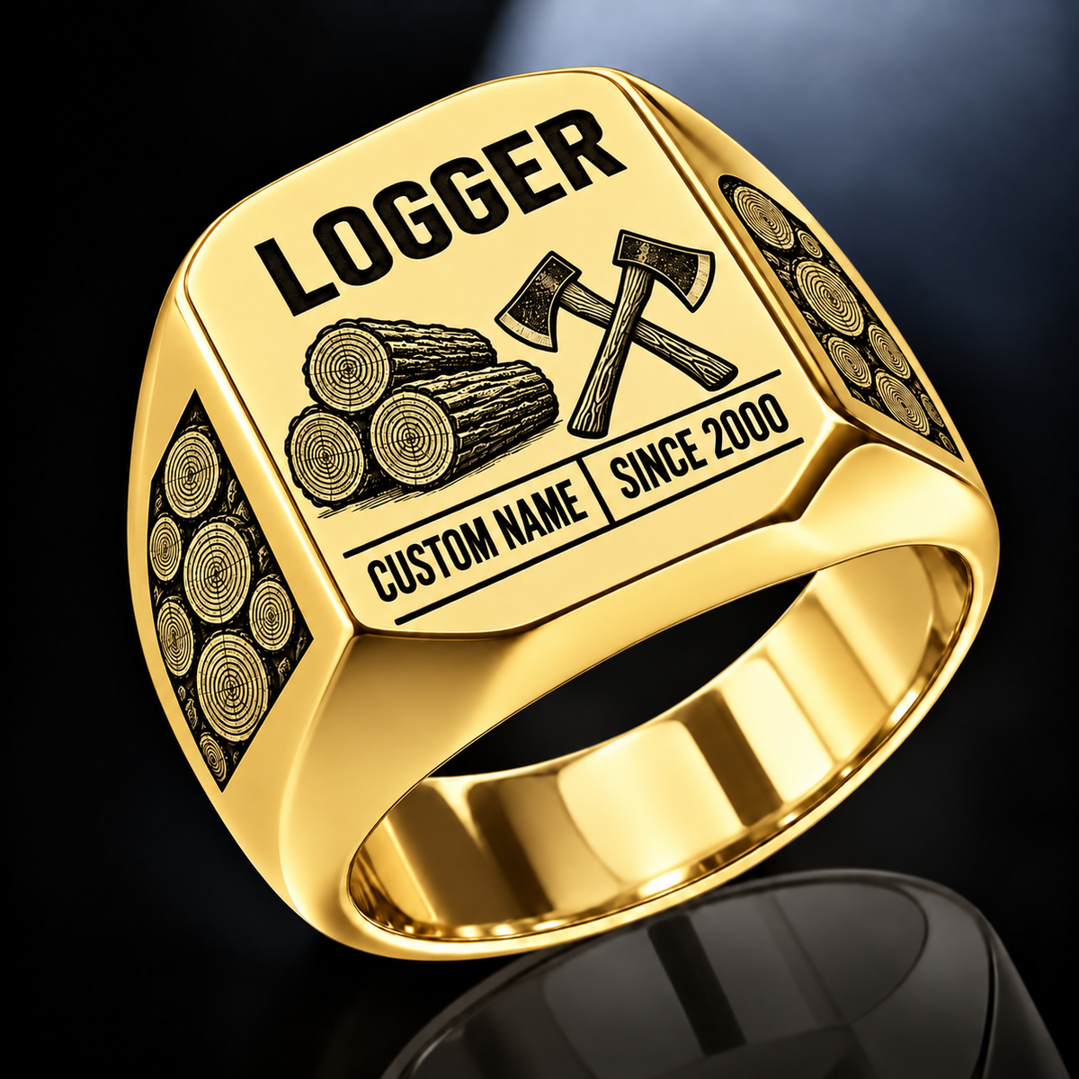 Logger Twin Icons ring in Gold, showing CUSTOM NAME and SINCE 2000