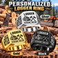 Logger Twin Icons personalized ring in Silver, Gold and Black with CUSTOM NAME and SINCE 2000 on a logger-themed background