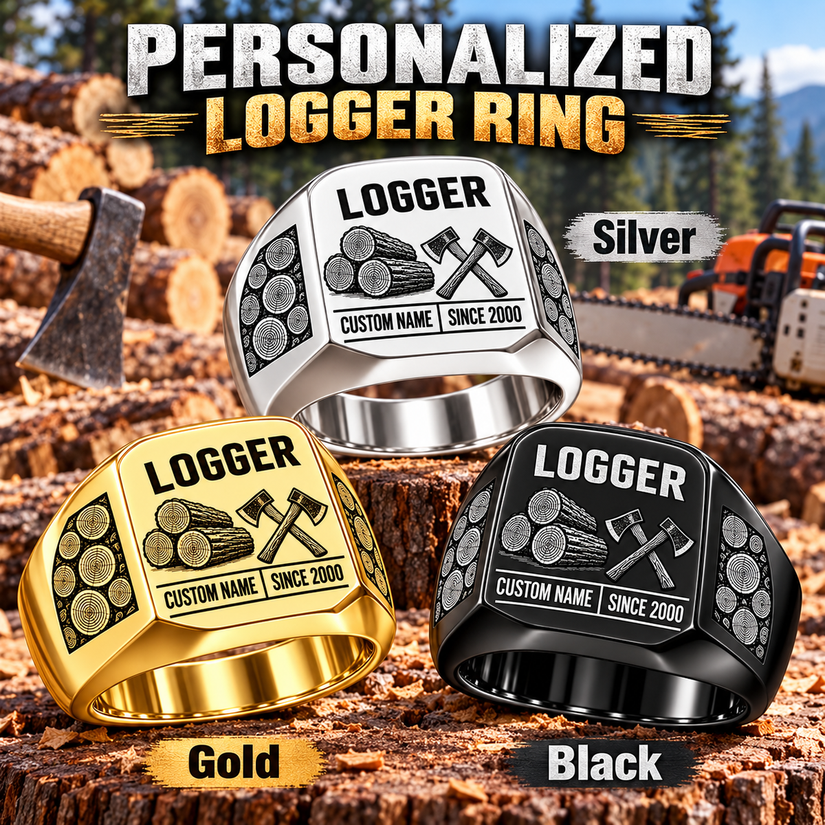 Logger Twin Icons personalized ring in Silver, Gold and Black with CUSTOM NAME and SINCE 2000 on a logger-themed background