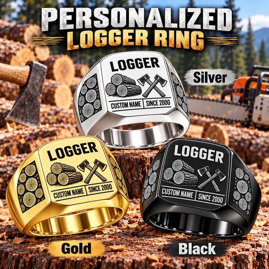 Logger Twin Icons personalized ring in Silver, Gold and Black with CUSTOM NAME and SINCE 2000 on a logger-themed background