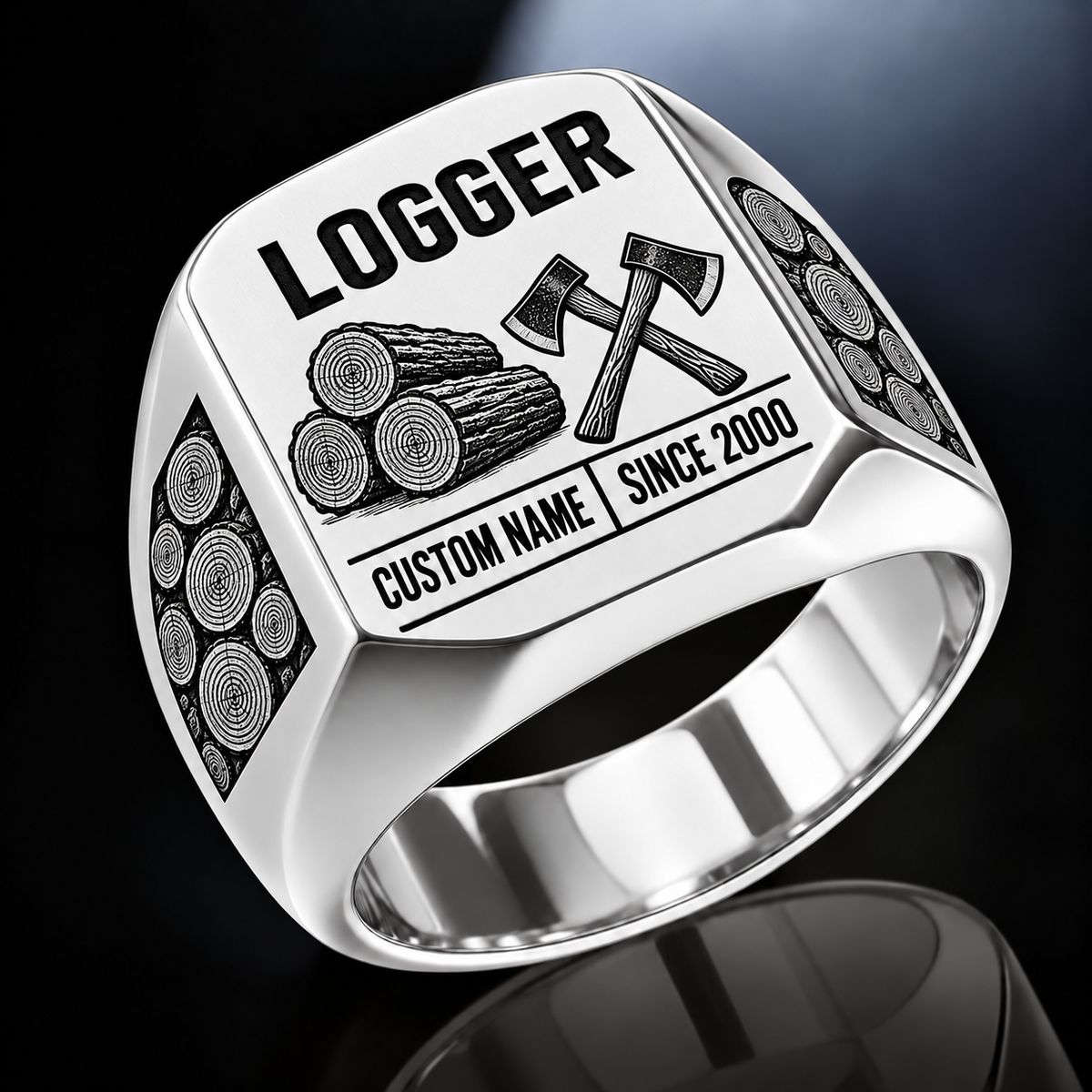 Logger Twin Icons ring in Silver, showing CUSTOM NAME and SINCE 2000